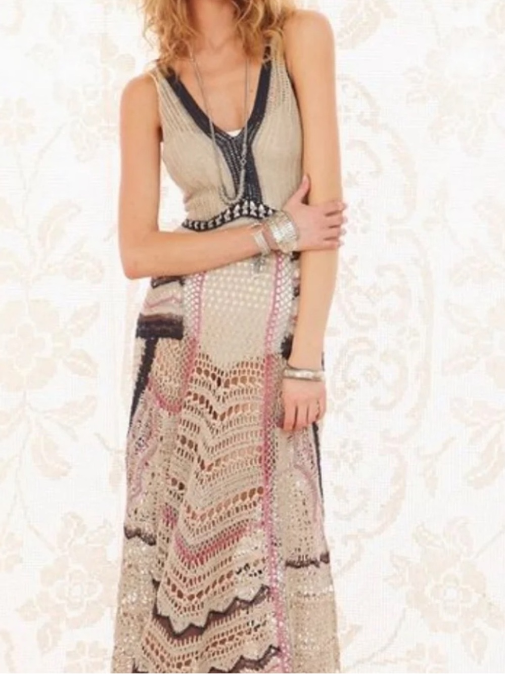 Free People Crochet Maxi Dress in Beige with Black & Navy Accents - Picture 5 of 6